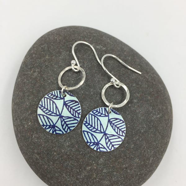 Pale teal circle  dangly earrings with leaf print and recycled silver ring 