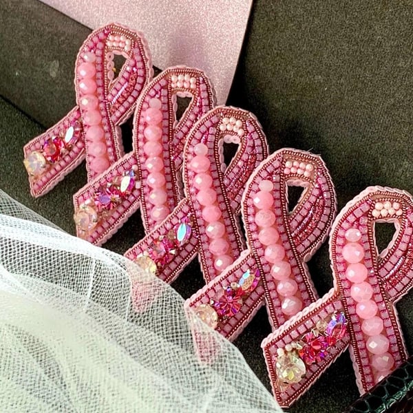 Handmade Pink Ribbon Beaded Brooch Breast Cancer Awareness Pin Sparkling  Handmad
