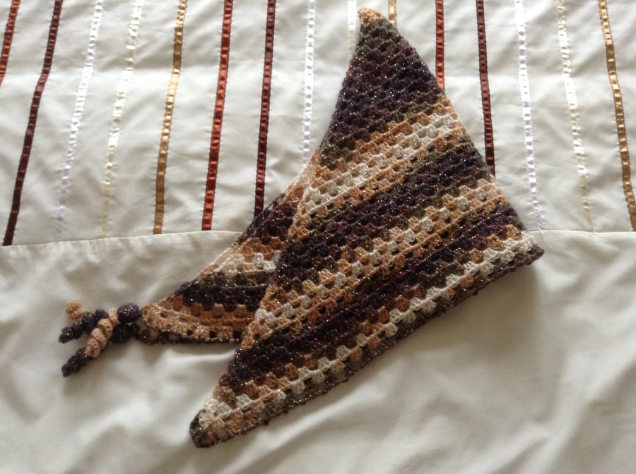 Crochet Triangular Neckerchief Scarf in Sparkly Brown and Cream 