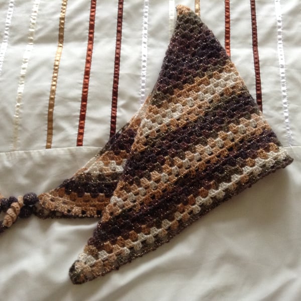 Crochet Triangular Neckerchief Scarf in Sparkly Brown and Cream 