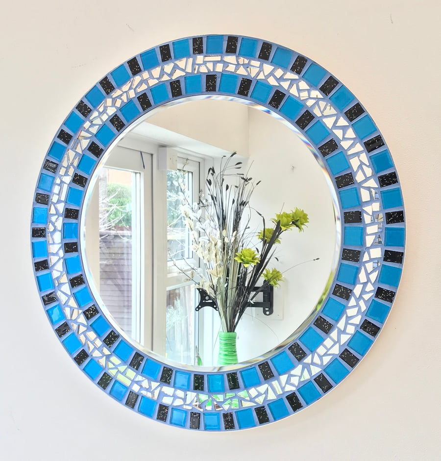 Colorful round mosaic in blue & black sparkle 