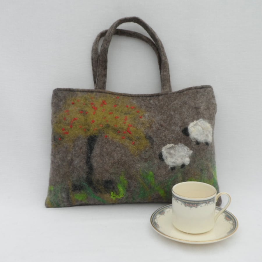 Brown Felt Tote Bag, Handbag with Sheep detail