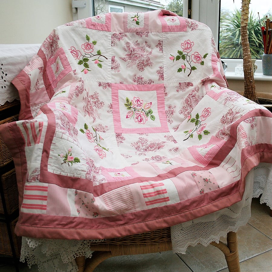SALE Patchwork throw from vintage embroidered linens.