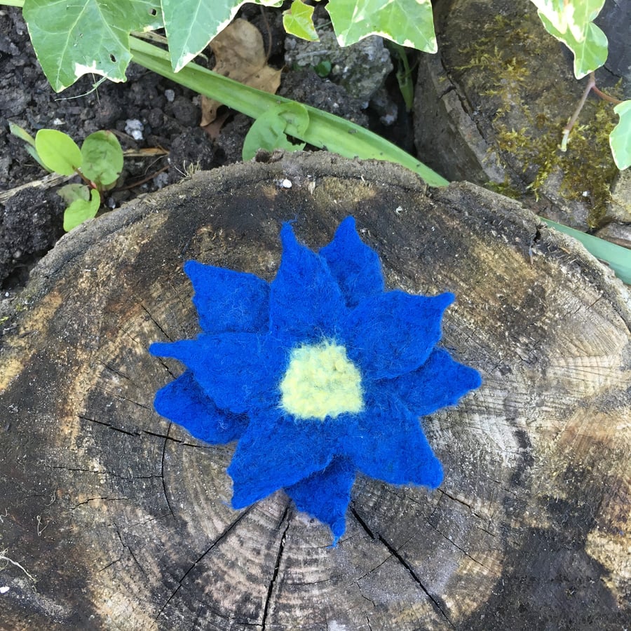Hand felted flower corsage or brooch in dark blue
