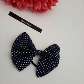 Hair bobble bow band in navy polkadot fabric. 3 for 2 offer.    