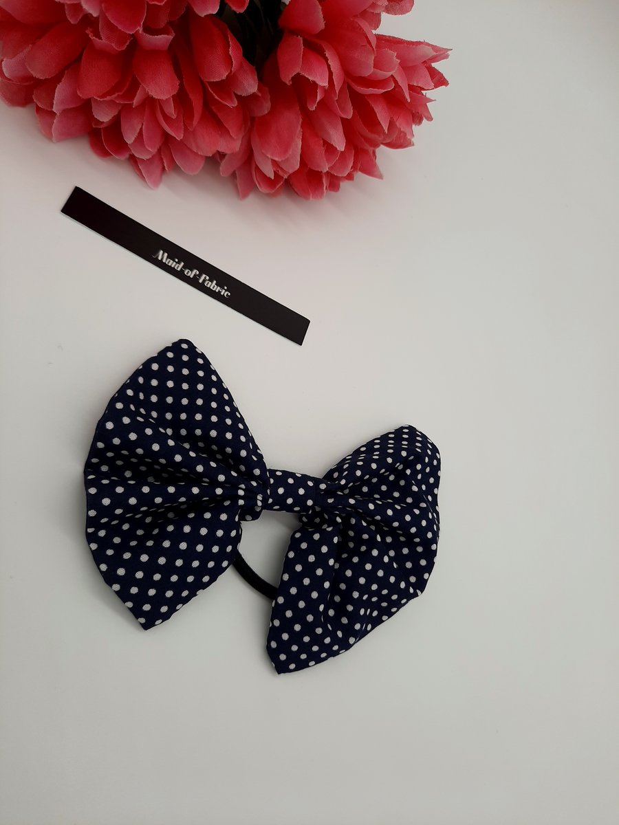 Hair bobble bow band in navy polkadot fabric. 3 for 2 offer.    