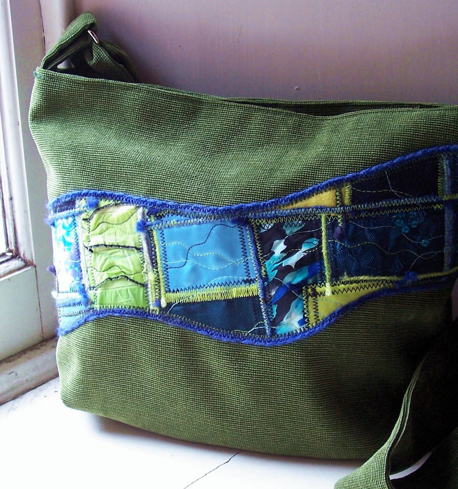 Fabric shoulder bag in forest green, blue and lime - Tentsmuir