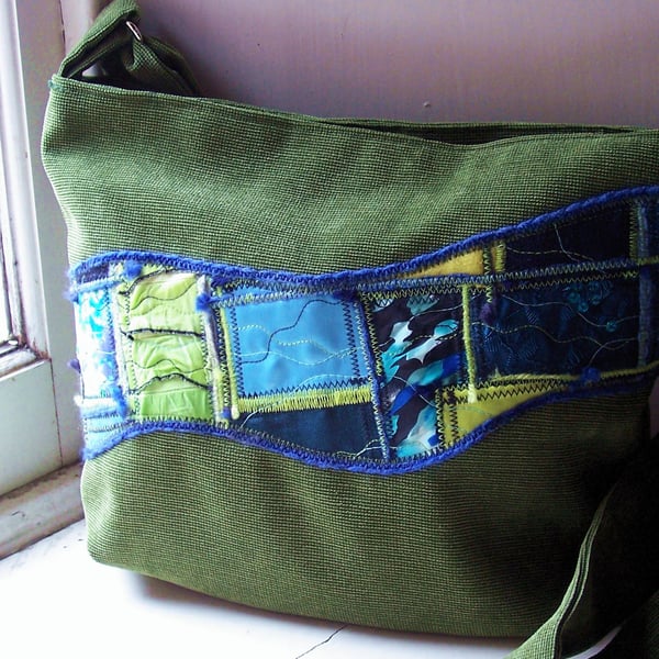 Fabric shoulder bag in forest green, blue and lime - Tentsmuir