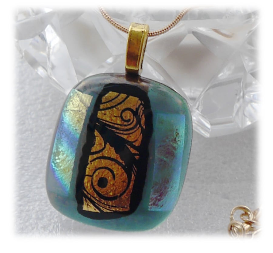 Dichroic Glass Pendant 087 Rose Teal Swirl Handmade with gold plated chain