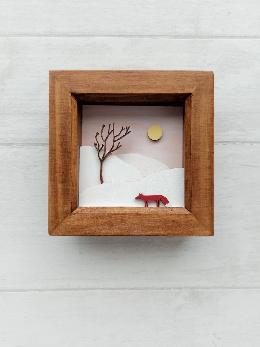 Fox in the Field Diorama, Miniature Shadow Box, Winter Landscape 