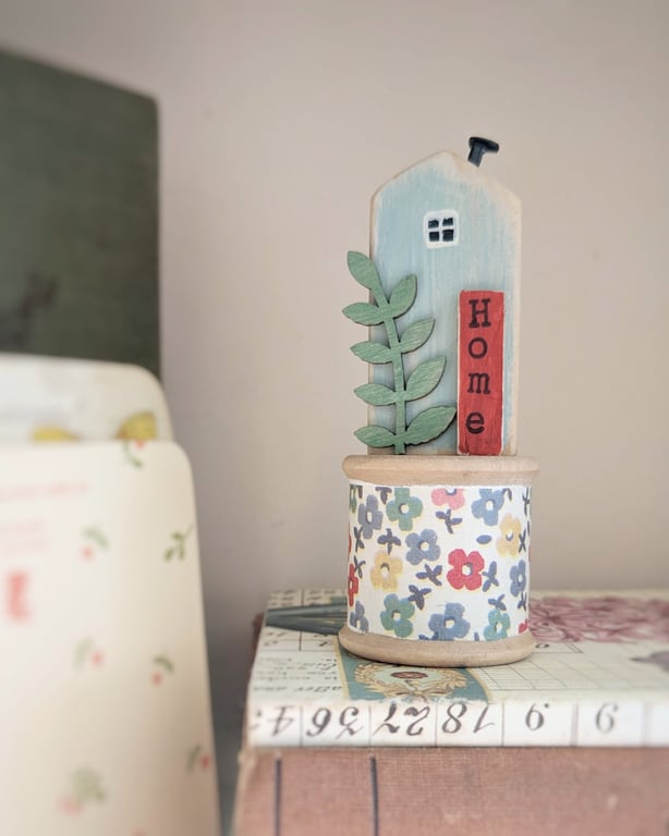 Little Wooden House on a Vintage Bobbin 'Home' 