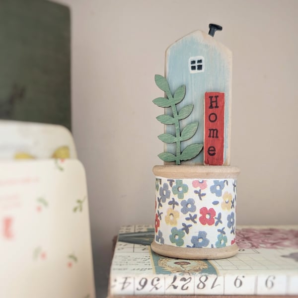 Little Wooden House on a Vintage Bobbin 'Home' 