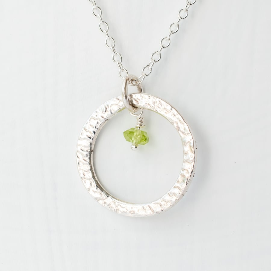 Peridot with Large Fine Silver Circle Pendant Necklace