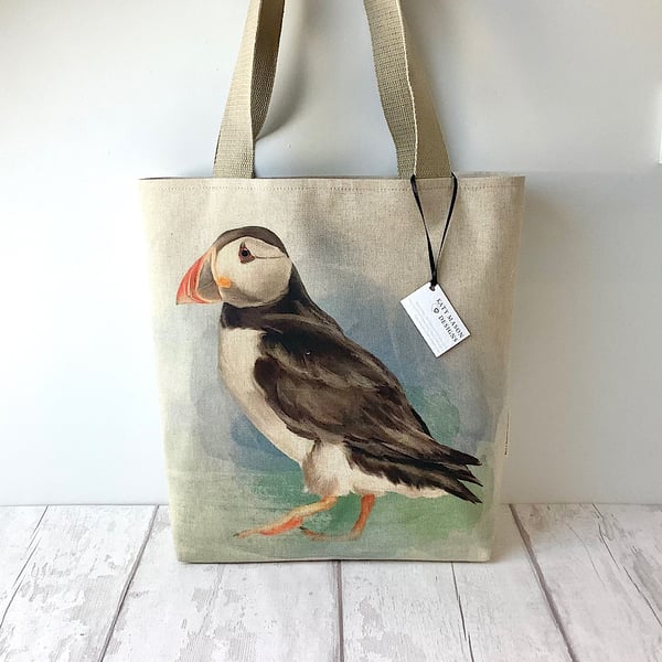 Long Handled Tote Bag - Puffin - Birds - Coastal