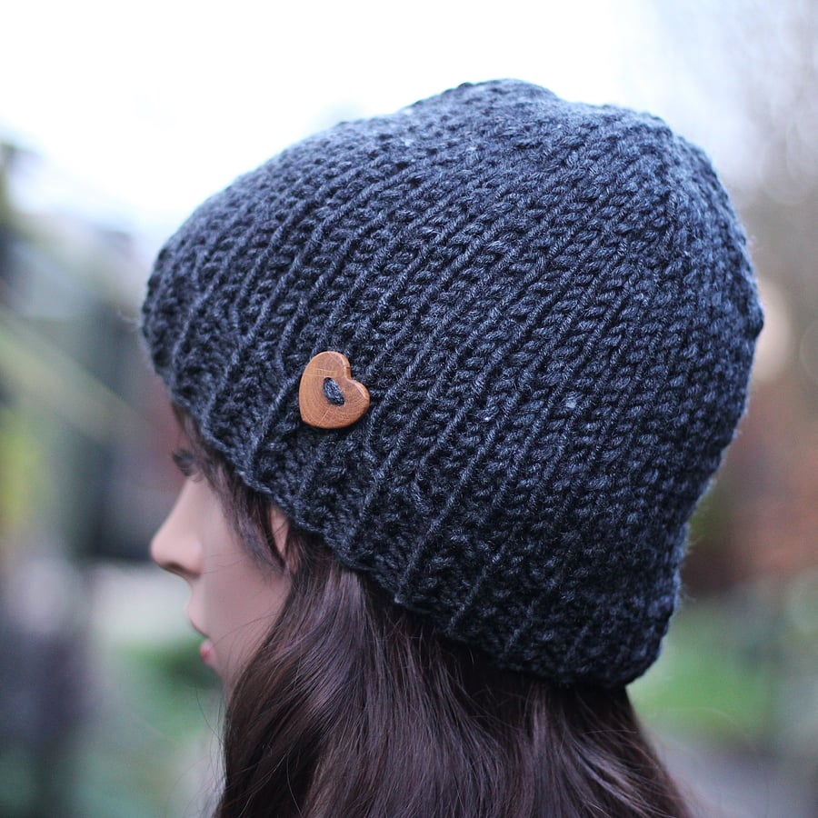 beanie hat knitted, charcoal womens winter hat, gift guide for her