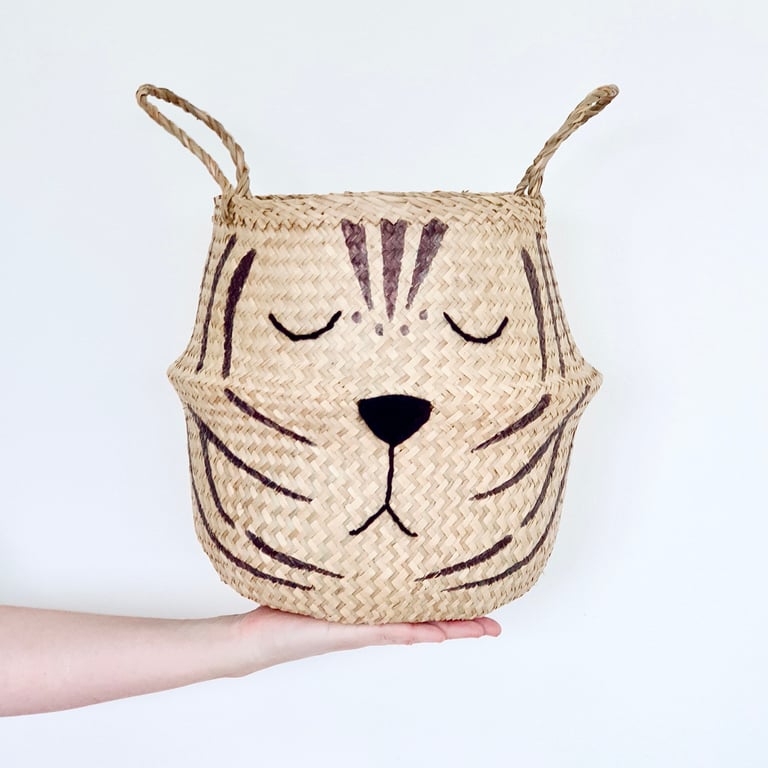 Natural tiger seagrass belly basket, had painted and embroidered