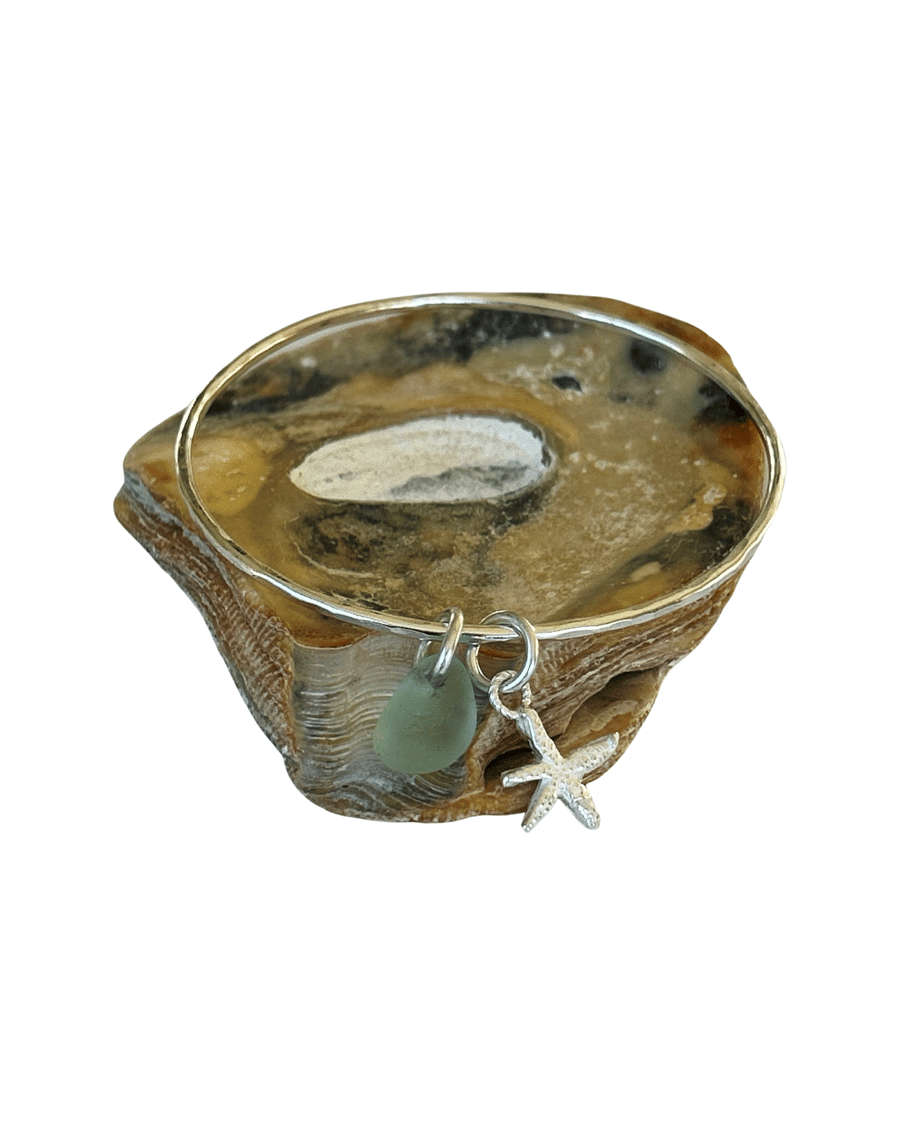 Sterling Silver Bangle With Sea Glass And Fine Silver Starfish Charm