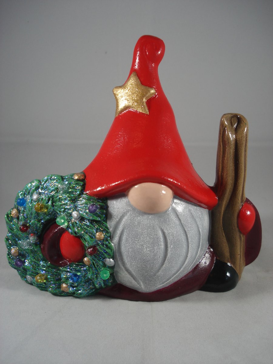 Ceramic Christmas Xmas Green Wreath Red Gnome Gonk Ornament Decoration.