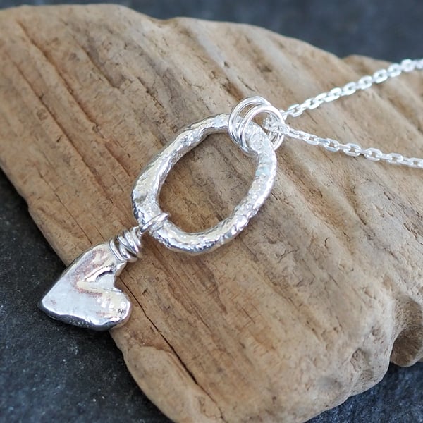 Silver heart drop necklace, molten sterling silver pendant necklace