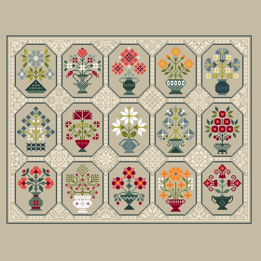 293 Cross Stitch Quaker Sampler octagonal tiles botanical flower bouquet vases