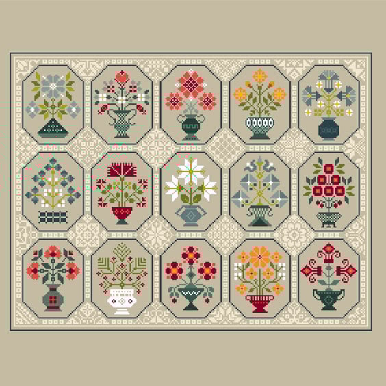 293 Cross Stitch Quaker Sampler octagonal tiles botanical flower bouquet vases