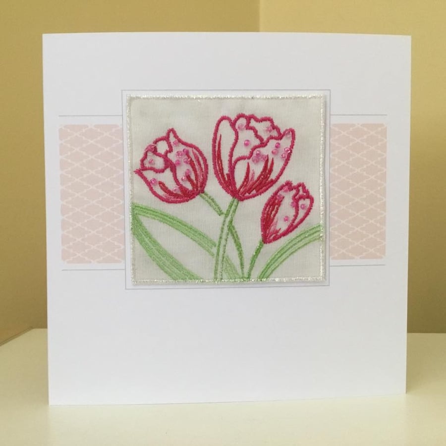 Handmade Blank card with embroidered flowers
