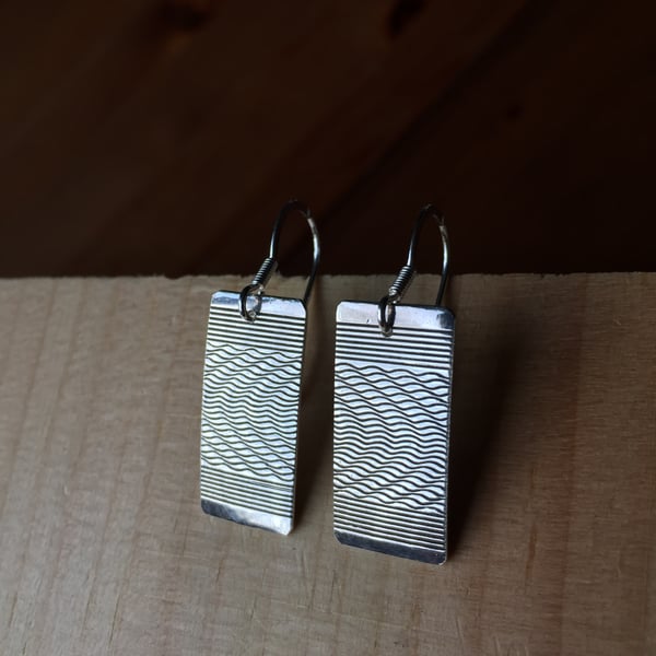 Oblong waves engine turned silver earrings