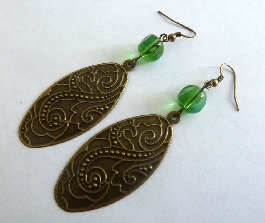 SALE green and bronze drop earrings