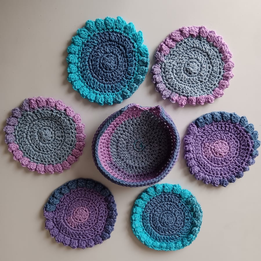 NOT AVAILABLE Crochet Coasters (Purple Passion) - set of 6 plus holder