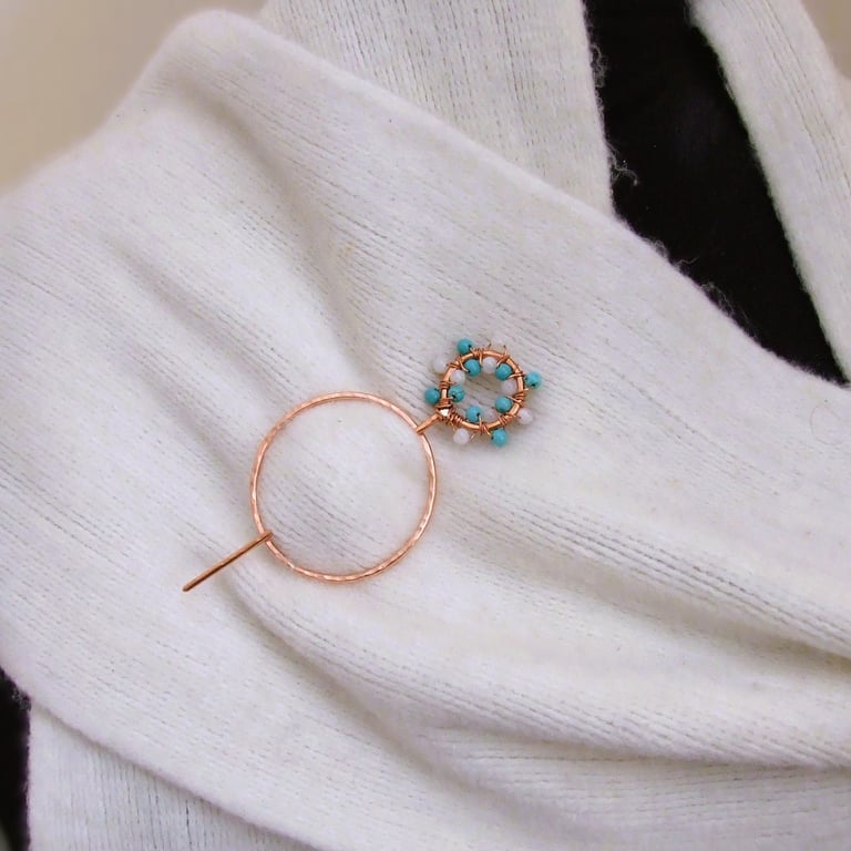 Copper Shawl Pin - Festive Wreath with Turquoise & Shell