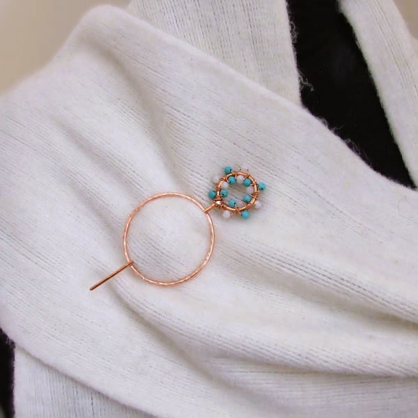Copper Shawl Pin - Festive Wreath with Turquoise & Shell