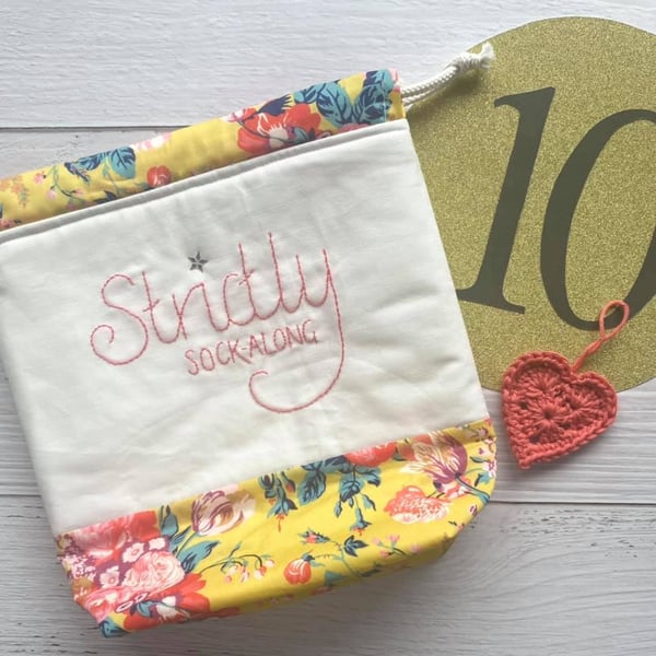 'Strictly Sock-Along' Project Bag with Hand Embroidery - Yellow with Coral