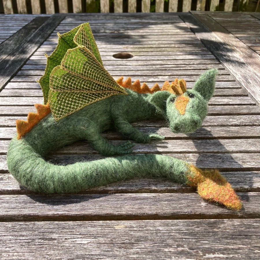 Needle felted green dragon