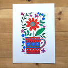 Flower and hearts mug folk art original painting, 