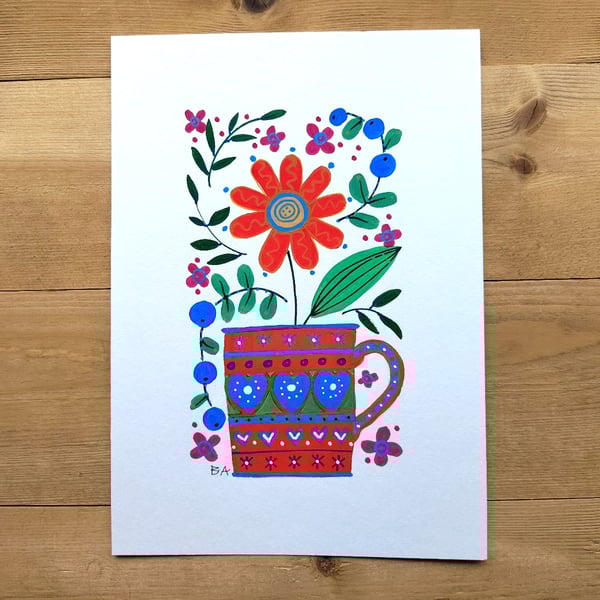 Flower and hearts mug folk art original painting, 