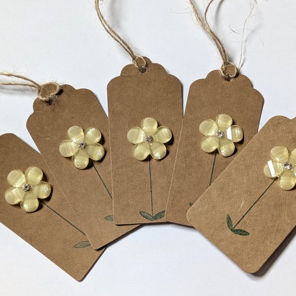 Homemade gift tags made with buttons in packs of 5 - yellow flower