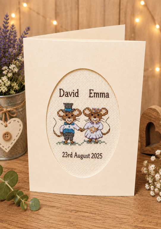 Personalised Wedding Card, Handmade Cross Stitch Card, Bride and Groom Mice