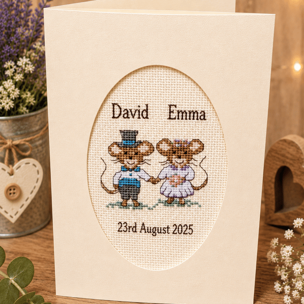Personalised Wedding Card, Handmade Cross Stitch Card, Bride and Groom Mice