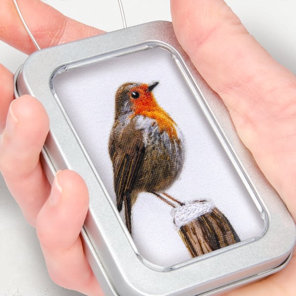 Christmas Robin, little 3D fabric robin picture framed in a tin, gift, ornament