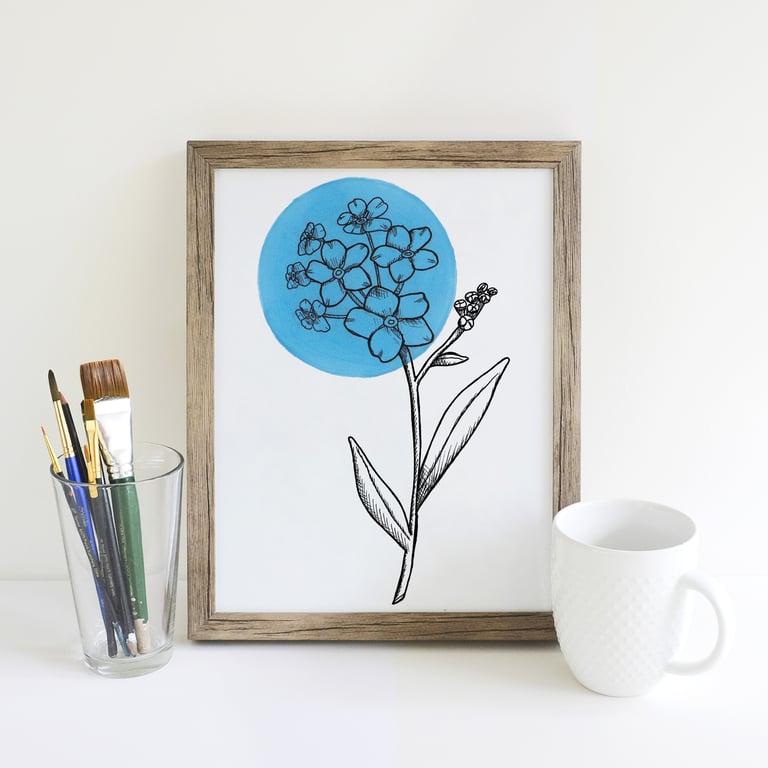 Minimalist Light Blue Forget Me Not Flower Illustration Fine Art Print