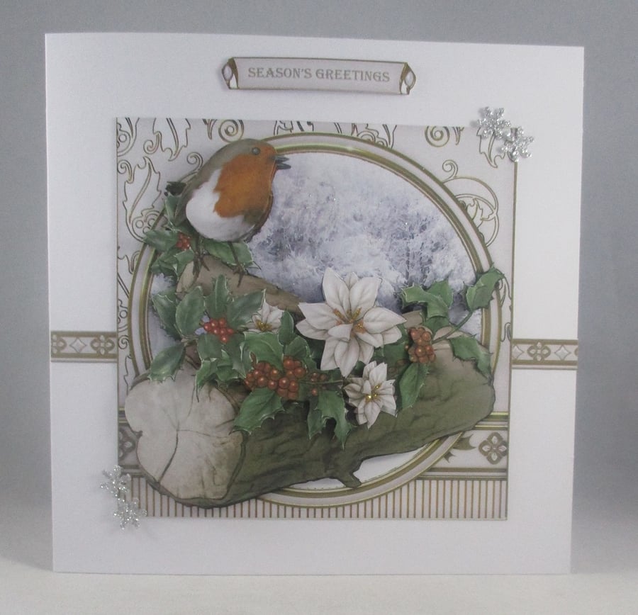 Handmade Decoupage,3D Robin and Poinsettia Christmas Card, Personalise