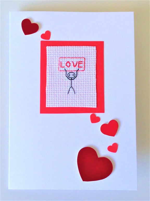 Handmade 'Love' Stickman Cross Stitch Card  Greetings Card