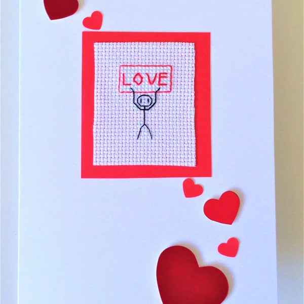 Handmade 'Love' Stickman Cross Stitch Card  Greetings Card