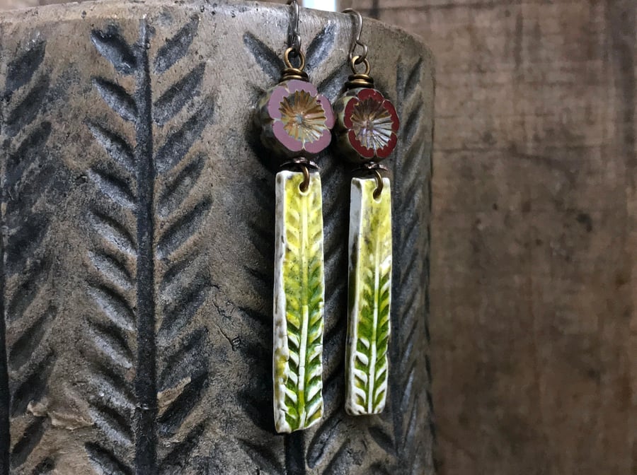 Rustic Green Artisan Ceramic Stick Earrings. Woodland Earrings. Nature Gift