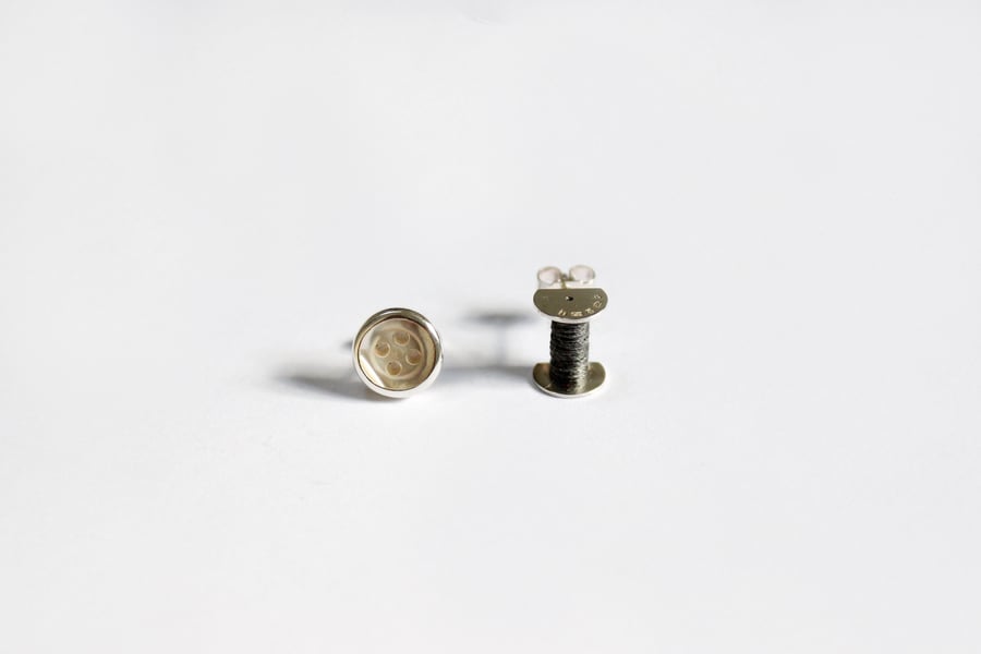 Cotton reel and vintage button earrings, asymmetrical, silver earrings