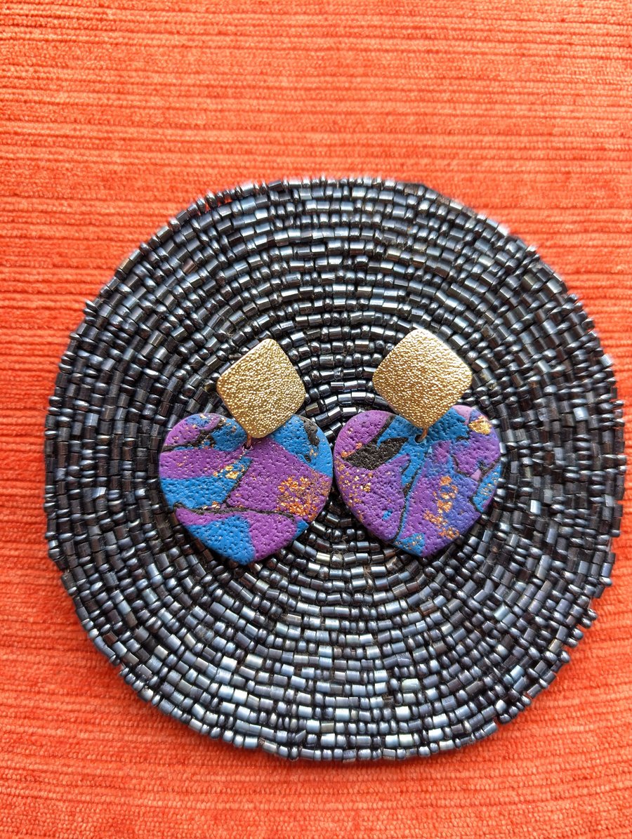 Purple patchwork large heart earrings 