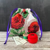 Drawstring Bag, 1950s Vintage Barkcloth, Roses, Purple Flowers, Purple Ribbon