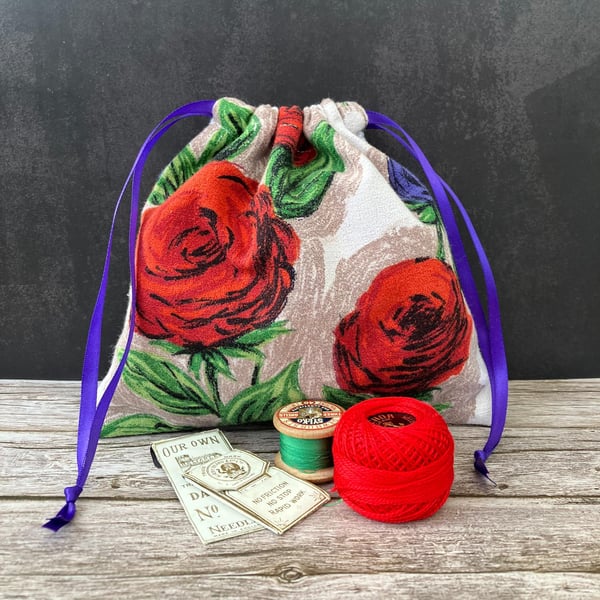 Drawstring Bag, 1950s Vintage Barkcloth, Roses, Purple Flowers, Purple Ribbon
