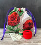 Drawstring Bag, 1950s Vintage Barkcloth, Roses, Purple Flowers, Purple Ribbon