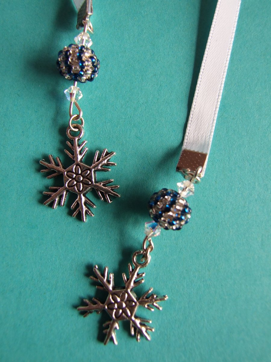 Snowflake Charm Blue & Silver Hand Woven Beaded Beads Pale Blue Ribbon Bookmark